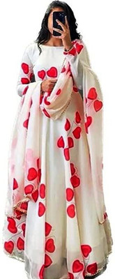 Omkarenterprise Women Printed Gown Kurta(White)