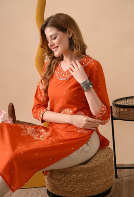 PHYSIL Women Embroidered, Floral Print Straight Kurta(Orange)