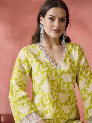 KHUHA Women Printed Straight Kurta(Light Green)