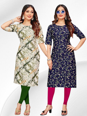 Nitya Trends Women Printed Straight Kurta(White, Blue)