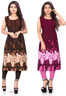 tanvi creation Women Floral Print Straight Kurta(Brown, Pink)