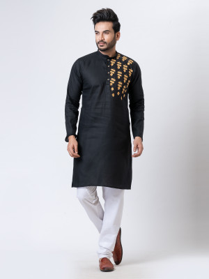 Rainbow Cloths Men Embroidered Straight Kurta(Black)