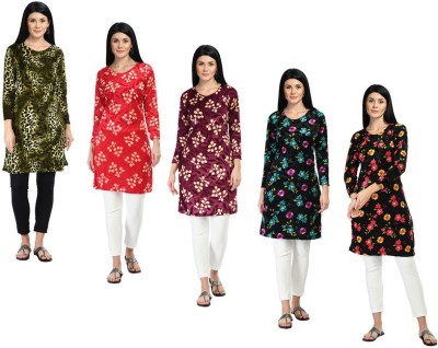 IndiWeaves Women Printed Straight Kurta(Red, Green, Blue)