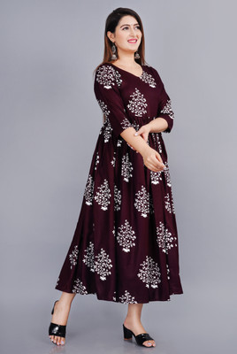 SMIEN Women Printed Flared Kurta(Maroon)
