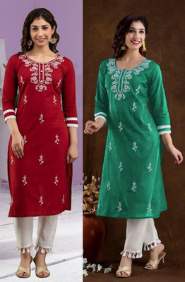 SISTO Women Embroidered Straight Kurta(Maroon, Green)