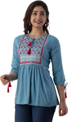 ANNU PARIDHAN Women Embroidered Straight Kurta(Light Blue)