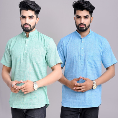 QuaClo Men Solid Straight Kurta(Green, Light Blue)