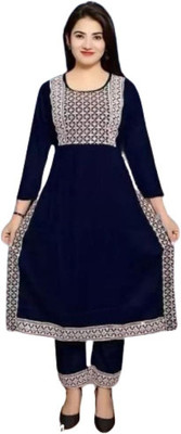 NOORIGARMENTS Women Chikan Embroidery Ethnic Dress Kurta(Dark Blue, White)