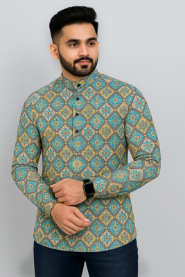 HM Fashion Men Geometric Print, Printed Straight Kurta(Green)