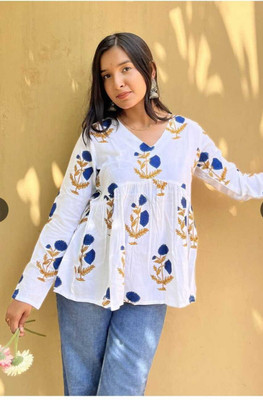 Lovely Prints Women Floral Print Flared Kurta(White)