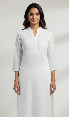 Kamlams Enterprises Women Self Design Straight Kurta(White)