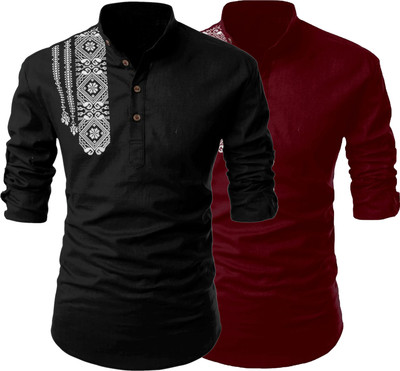 Kavyangle Creation Men Printed Straight Kurta(Black, Maroon)