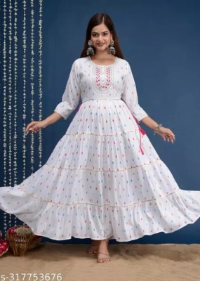 HARSHIT Women Embroidered, Printed Anarkali Kurta(White)