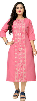 Hetsa Women Embroidered Straight Kurta(Pink)