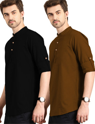 UNIFAV Men Solid Straight Kurta(Brown, Black)