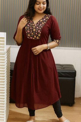 STITCHPEAR Women Embroidered, Floral Print A-line Kurta(Maroon)