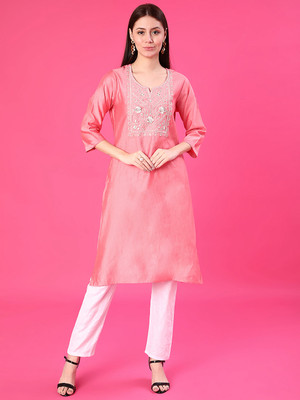 V-MART Women Embroidered Straight Kurta(Pink)