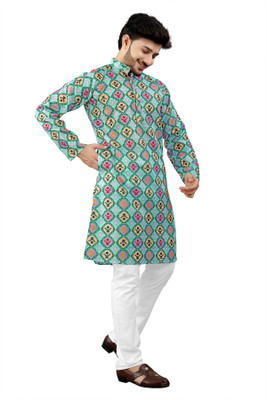DHASU TRENDZ Men Printed Straight Kurta(Green)