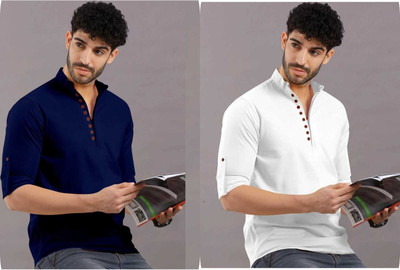 GUYS HUBB Men Solid Straight Kurta(White, Blue)