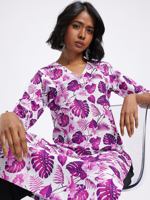 Anouk Rustic Women Floral Print Straight Kurta(Purple, White)