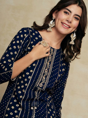 Fulera Women Printed Straight Kurta(Dark Blue)