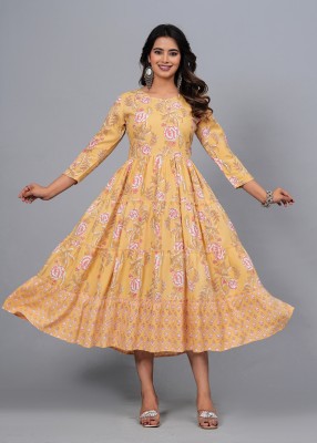 BST TEXTILES Women Printed Anarkali Kurta(Yellow, Pink)