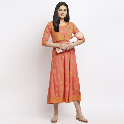 TRUE SHAPE Women Printed Flared Kurta(Orange)