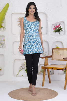 Label Adrija Women Floral Print A-line Kurta(Blue)