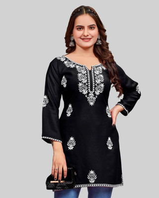 HouseOfCommon Women Chikan Embroidery Straight Kurta(Black)