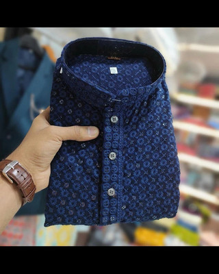 CRYSTALREVENUE Men Chikan Embroidery Straight Kurta(Dark Blue)
