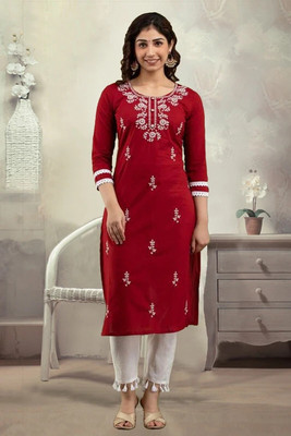 vikshi Women Embroidered Straight Kurta(Maroon)