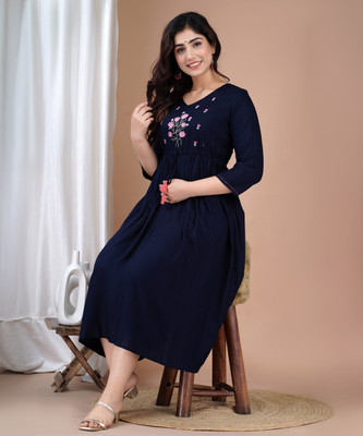 Prangan By Kalaai Women Embroidered Flared Kurta(Dark Blue)