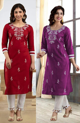 SISTO Women Embroidered Straight Kurta(Red, Purple)