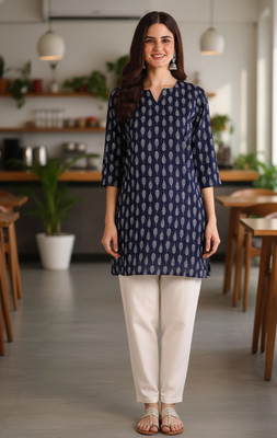 AATEXTILES Women Printed Straight Kurta(Dark Blue)