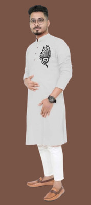 Mamata biswas Men Printed Straight Kurta(Grey)