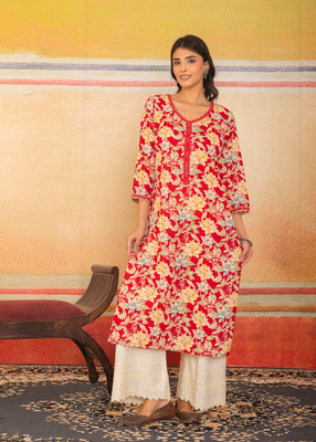 Label Adrija Women Floral Print A-line Kurta(Red, Multicolor)