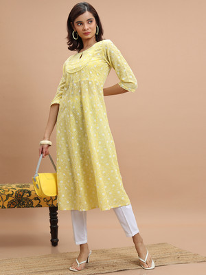 Vishudh Women Solid Ethnic Dress Kurta(Yellow)
