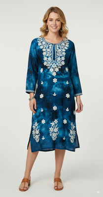 NAYAABCHIKAN Women Chikan Embroidery Straight Kurta(Blue)