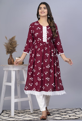 Lihimsu Women Floral Print A-line Kurta(Maroon)