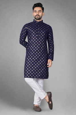 DHASU TRENDZ Men Printed Straight Kurta(Dark Blue)