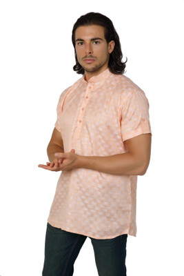 MAG Men Checkered Straight Kurta(Orange)