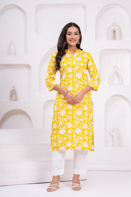 Akii's Women Floral Print Straight Kurta(Yellow)