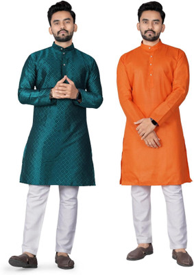 DHASU TRENDZ Men Self Design Straight Kurta(Orange, Green)