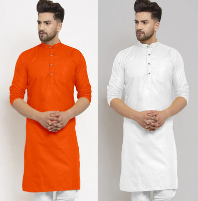 JENJEE Men Solid Straight Kurta(Orange, White)