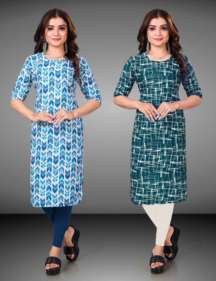 MOBHISA Women Printed Straight Kurta(Light Blue)