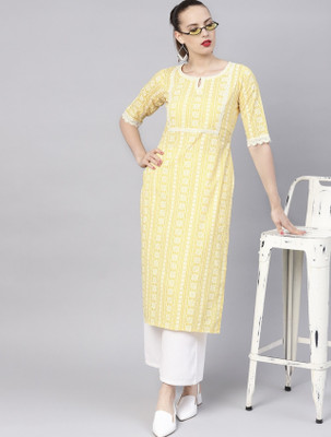 ALLEN WEAVE Women Printed Straight Kurta(Yellow)