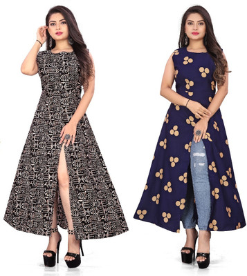 Hiral Creation Women Printed Frontslit Kurta(Black)