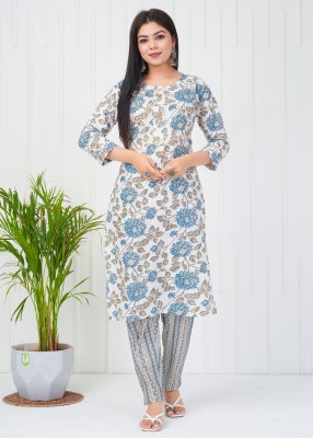 Shyam Fashion Women Printed Straight Kurta(White, Blue)