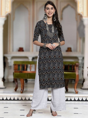 Moda Rapido Women Bandhani Straight Kurta(Black)
