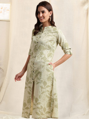 MIRCHI FASHION Women Floral Print A-line Kurta(Light Green, Beige)